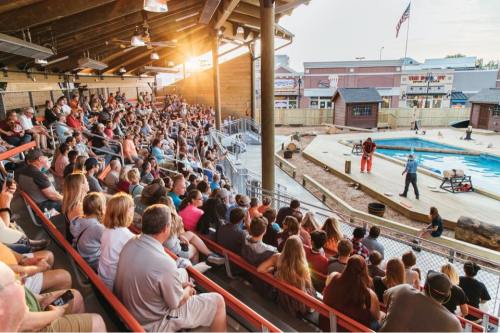 A large crowd watches a performance at an outdoor venue with a pool, under a setting sun.