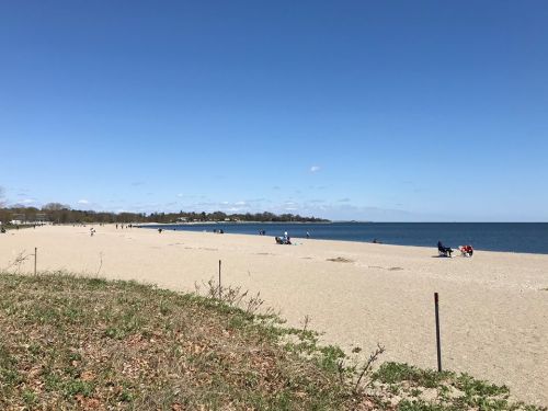 A sandy beach under a clear blue sky, with people enjoying the sun and water in the distance.