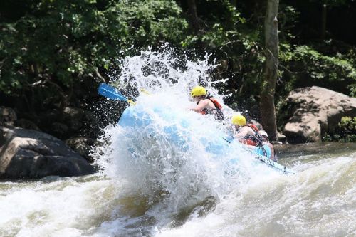 A group of people in a blue raft splashes through white water rapids, surrounded by lush greenery.