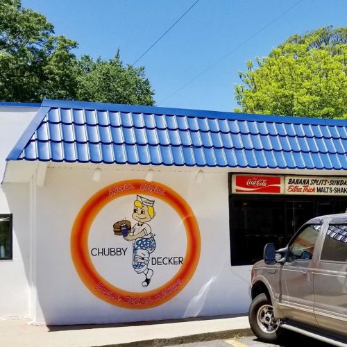 A colorful mural of a cartoon character holding a drink on the exterior of Chubby Decker restaurant with a blue roof.