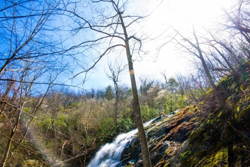 A serene waterfall cascades down rocky terrain, surrounded by bare trees and bright blue skies. Sunlight filters through.