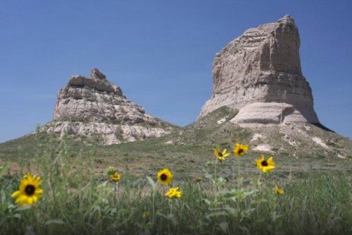 Two large rock formations rise above a grassy landscape, with bright yellow sunflowers in the foreground under a clear blue sky.