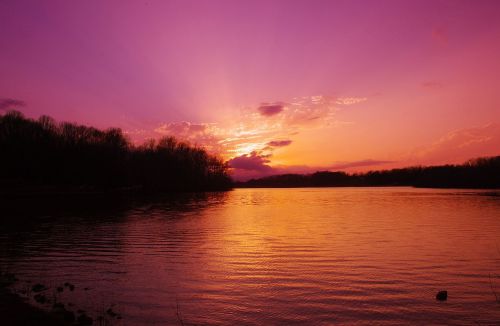 A serene river at sunset, with vibrant purple and orange hues reflecting on the water and silhouetted trees along the shore.