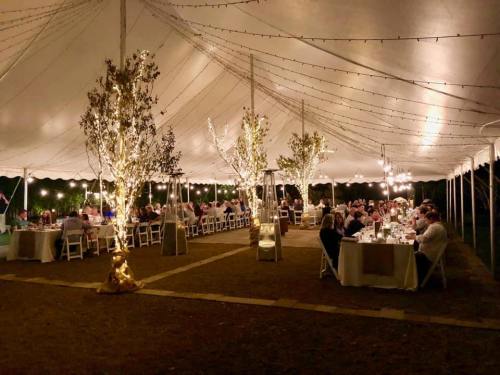 A beautifully lit outdoor tent with tables set for dining, surrounded by trees adorned with fairy lights.