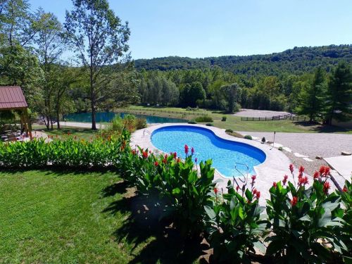 A scenic view of a blue swimming pool surrounded by greenery and flowers, with rolling hills in the background.