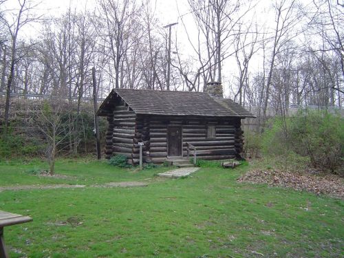 A rustic log cabin surrounded by trees and greenery, with a small path leading to the door.