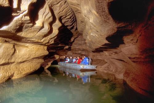 A group of people in a boat exploring a narrow cave with smooth, textured rock walls and calm water.