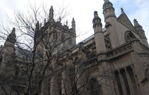 Gothic-style church with intricate stonework, tall spires, and bare trees in the foreground against a cloudy sky.