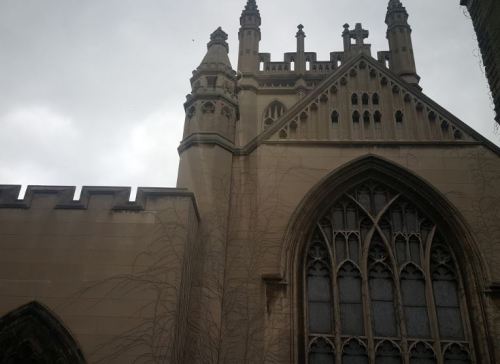 Gothic-style church exterior with intricate stonework and tall spires, set against a cloudy sky.