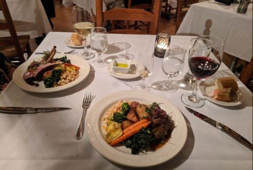 A table set with two plates of gourmet food, wine glasses, water, and bread in a cozy restaurant setting.