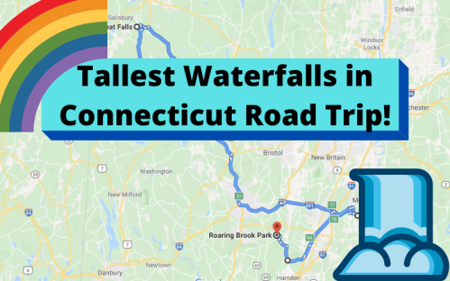 Map highlighting a road trip to the tallest waterfalls in Connecticut, featuring a rainbow and a book icon.