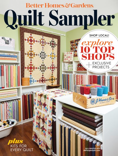 Cover of "Quilt Sampler" magazine featuring colorful quilts, fabric shelves, and a cozy quilting workspace.