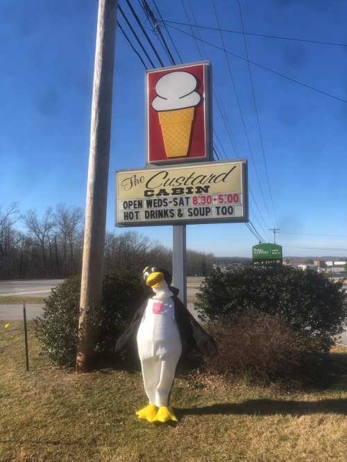 A penguin mascot stands outside The Custard Cabin, with a sign displaying hours and menu items.