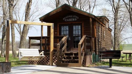 A rustic wooden cabin with a porch swing, surrounded by trees and open grassland.
