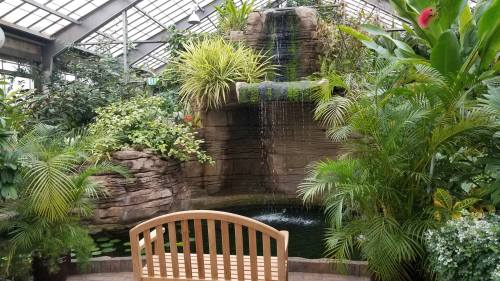 A serene indoor garden with a waterfall, lush greenery, and a wooden bench overlooking a small pond.