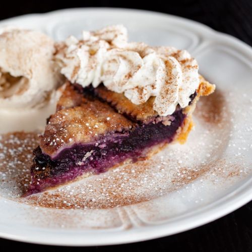 A slice of blueberry pie topped with whipped cream and cinnamon, served with a scoop of ice cream on a white plate.