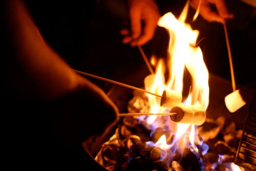 Hands roasting marshmallows over a vibrant campfire, with glowing embers visible in the background.