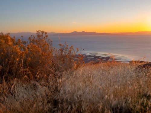 A scenic view of a sunset over the ocean, with golden grasses in the foreground and distant mountains on the horizon.