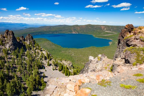 Aerial view of a blue lake surrounded by lush green forests and rocky cliffs under a clear blue sky.