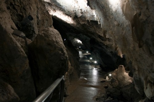 A dimly lit cave pathway with rocky walls and illuminated sections along the ground.