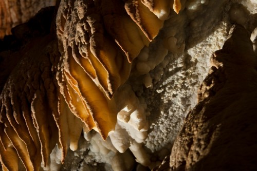 Close-up of textured cave formations with yellow and white mineral deposits, illuminated by soft light.