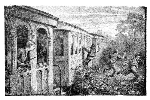 A vintage illustration of a train with a man looking out the window while others are running away in the foreground.