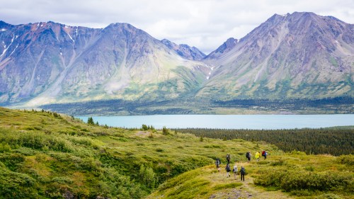 A group of hikers traverses a lush green landscape with mountains and a lake in the background.