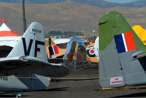 A lineup of vintage aircraft at an airfield, showcasing various tail designs and colors against a mountainous backdrop.
