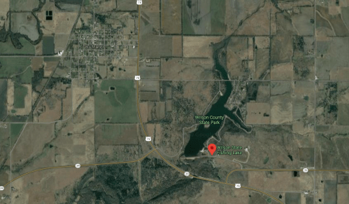 Map showing Wilson County State Park and Fishing Lake, near the town of Buffalo, with surrounding fields and roads.