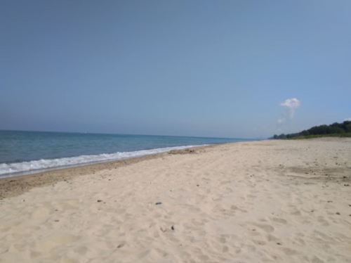 A serene beach scene with soft sand, gentle waves, and a clear blue sky in the background.