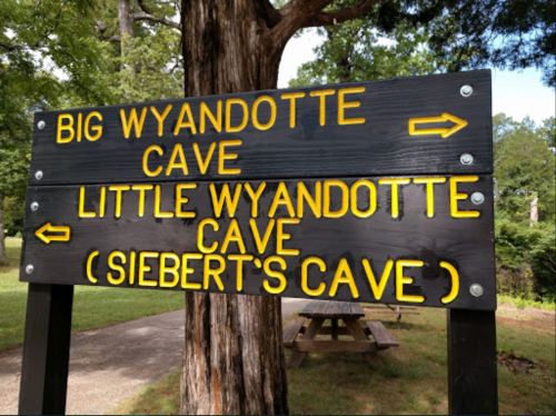 Signpost indicating directions to Big Wyandotte Cave and Little Wyandotte Cave (Siebert's Cave) in a natural setting.