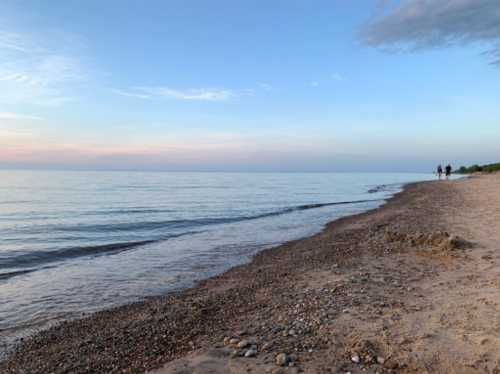 A serene beach at sunset with gentle waves and two people walking along the shore.