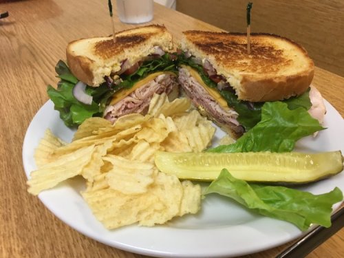 A toasted sandwich filled with turkey, lettuce, and cheese, served with potato chips and a pickle on a white plate.