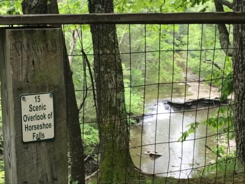 Sign for a scenic overlook of Horseshoe Falls, surrounded by trees and a view of the flowing water below.