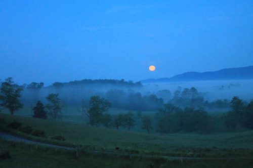 A serene landscape at dawn with a full moon rising over misty hills and trees under a blue sky.