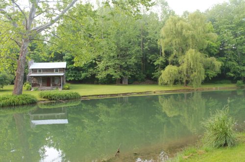 A serene landscape featuring a rustic cabin by a calm, reflective pond surrounded by lush greenery.