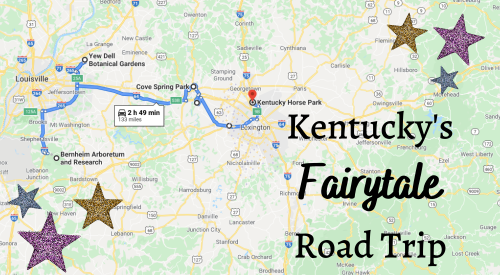 Map showing a route for "Kentucky's Fairytale Road Trip" with stars and decorative elements.