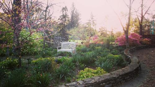 A serene garden at sunset, featuring blooming flowers, greenery, and a white bench surrounded by stone pathways.