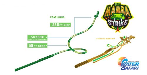 Illustration of "The Mamba Strike" water slide, featuring a 28ft ride and a 58ft drop, with a logo and location overview.