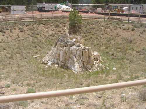 A rocky outcrop in a dry, grassy area, surrounded by a fence and construction in the background.