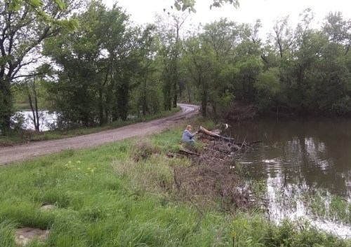 A person sits by a calm river, surrounded by trees and greenery, with a dirt road in the background.