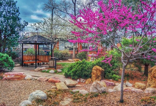 A serene garden scene featuring a gazebo, vibrant pink flowers, and rocky pathways surrounded by greenery.
