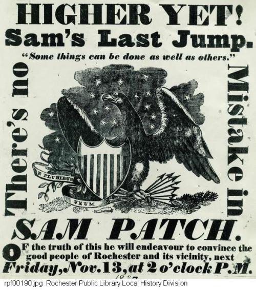 A vintage poster promoting Sam Patch's performance, featuring an eagle and the text about his last jump on November 13.