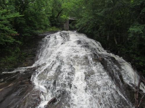 A cascading waterfall flows over rocky terrain, surrounded by lush green trees and foliage.
