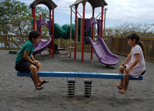 Two children sitting on opposite ends of a blue seesaw at a playground, with slides and trees in the background.