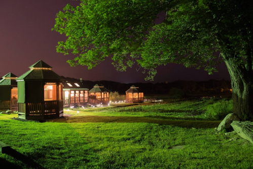 Nighttime view of illuminated cabins surrounded by greenery, with a tree and pathway leading through the landscape.