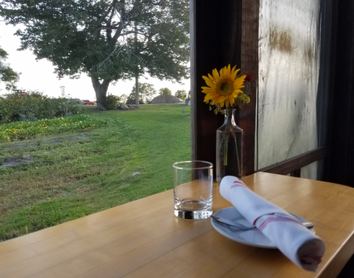 A table setting with a glass and napkin, featuring a sunflower in a vase, overlooking a green landscape.