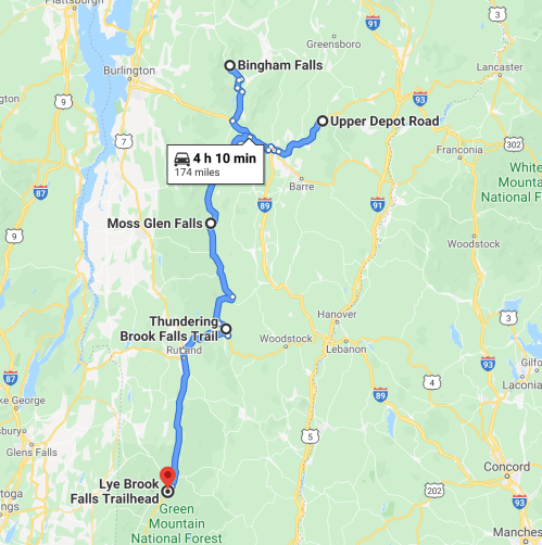 Map showing a route from Lye Brook Falls Trailhead to various locations, including Bingham Falls and Thundering Brook Falls.