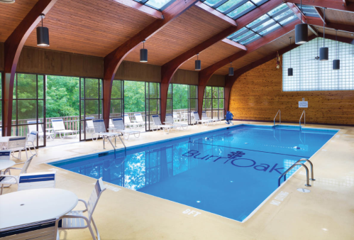 Indoor swimming pool with wooden beams, lounge chairs, and large windows overlooking greenery.