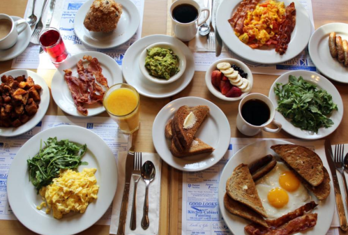 A table spread with various breakfast dishes: eggs, bacon, toast, fruit, avocado, and drinks.